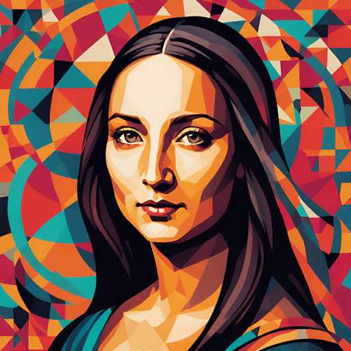 This vibrant, digitally-rendered portrait features a woman with long, dark hair and intense eyes, rendered in a bold, mosaic-like style. Geometric shapes of orange, teal, and red form the background, creating a dynamic, abstract backdrop for the portrait. The focus is on the woman's face, with her gaze directed towards the viewer in a striking, modern aesthetic.