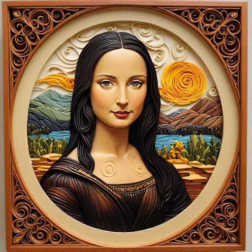 This intricately detailed artwork presents a 3D-style depiction of the Mona Lisa, rendered in a warm, textured medium. The portrait is framed by a circular wooden border and features a landscape backdrop with rolling hills, a serene river, and a swirling golden sun. The spatial relationship places the woman as the central focus, her gaze direct and captivating.