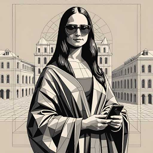The image features a woman in sunglasses holding a smartphone, positioned centrally against a backdrop of a grand, geometrically-rendered building. The art style is a stylized, monochromatic illustration with a grid overlay, creating a modern, slightly retro aesthetic. The woman's pose and the building's perspective suggest a focus on technology and urbanity.