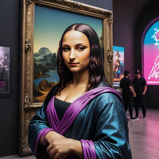 A digital artwork depicts a modern, photorealistic portrait of Mona Lisa, reimagined in a contemporary museum setting. She stands before a large, ornate frame displaying the iconic painting, her gaze direct and captivating. The spatial relationship places her as a central figure within a modern art gallery, with blurred figures of visitors in the background. The style blends photorealism with a digital aesthetic.