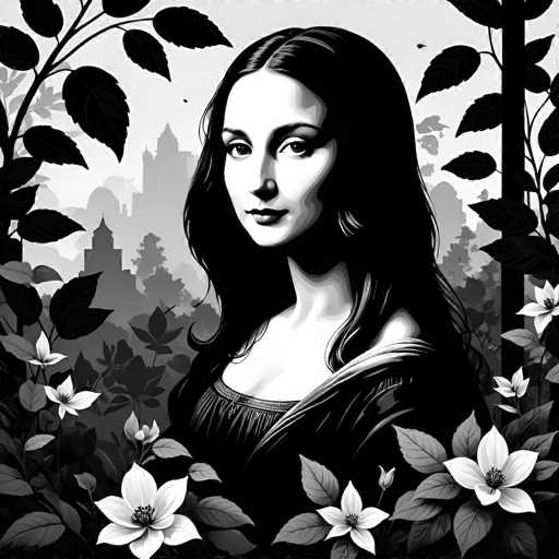 This black and white digital artwork features a woman with long, flowing hair as the central focus, surrounded by stylized floral elements. The spatial relationship places her in a garden-like setting with a blurred cityscape in the background, creating a dreamlike atmosphere. The art style is reminiscent of a digital engraving or woodcut, emphasizing contrast and intricate details.
