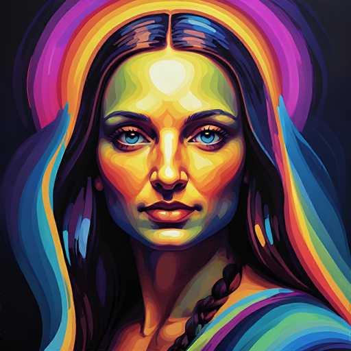 This vibrant, digitally-rendered portrait features a woman with striking blue eyes and flowing, rainbow-colored hair. She's positioned centrally against a dark background, her face illuminated with warm, glowing highlights. The art style is reminiscent of psychedelic pop art, emphasizing bold color gradients and a dreamlike quality.