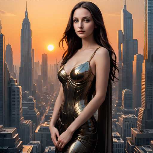 A woman in a futuristic golden bodysuit stands confidently amidst a sprawling, glowing cityscape at sunset. Tall skyscrapers dominate the background, bathed in warm orange light, while a dramatic, detailed digital art style creates a sense of awe and advanced technology.