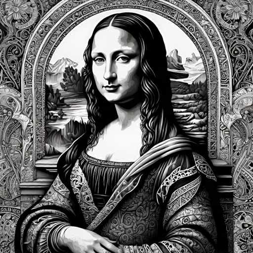 This intricately detailed, black and white artwork reimagines the Mona Lisa in a highly ornate, patterned style. The portrait features a woman with a serene expression, framed by an elaborate, swirling border reminiscent of a Renaissance-era design. The spatial relationship is traditional portraiture, with the woman centrally positioned within an arched frame depicting a landscape.