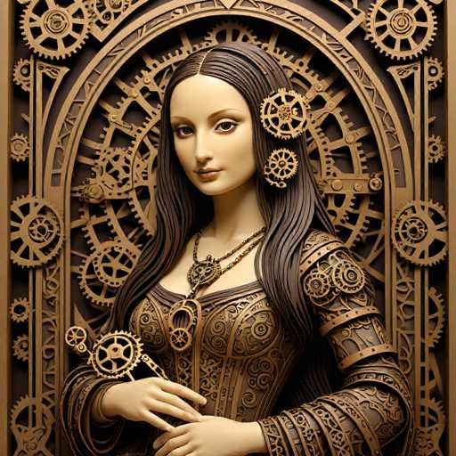 A woman with long, dark hair and intricate clockwork details adorns a steampunk-inspired portrait. She's surrounded by gears and mechanical elements, her attire blending seamlessly with the ornate, brass-toned design. The spatial relationship is one of close proximity, emphasizing a detailed, almost fantastical, aesthetic with a focus on intricate mechanical beauty.