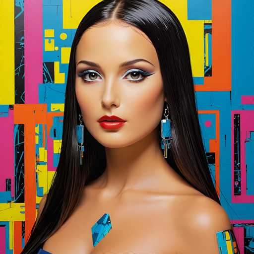 A strikingly beautiful woman with long, glossy black hair and bold makeup is centrally positioned against a vibrant, abstract geometric backdrop. She wears futuristic, angular jewelry, emphasizing a modern, digital art style with bold color blocks and sharp lines. The focus is on her intense gaze, creating a captivating portrait.