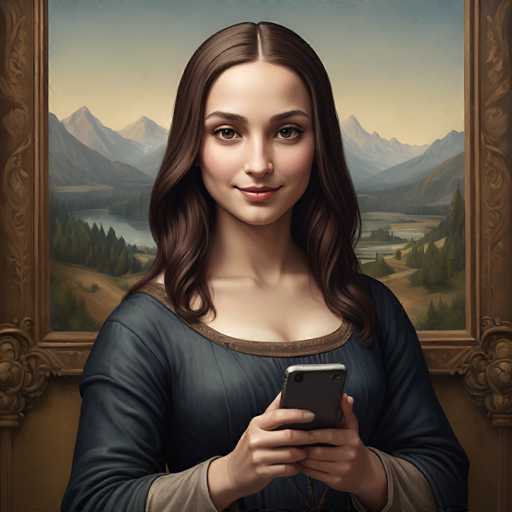A woman in a dark, vintage-style dress holds a smartphone, gazing at the viewer with a gentle smile. She's framed by an ornate, gold-framed painting of a serene mountain landscape with a lake. The art style blends Renaissance portraiture with a modern, digital aesthetic.