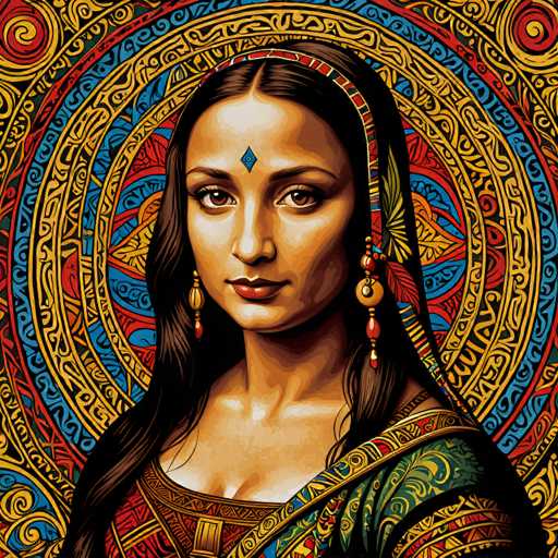 This vibrant digital painting features a woman with long, dark hair adorned with intricate, colorful patterns. She wears ornate jewelry and a patterned garment set against a circular, kaleidoscopic background. The art style is highly detailed and illustrative, reminiscent of a digital folk art or tapestry piece.