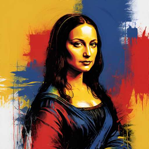 This digital artwork presents a stylized, modern rendition of the Mona Lisa. The main subject is a portrait of the iconic Renaissance woman, rendered with bold, textured brushstrokes in vibrant yellow, red, and blue hues. The spatial relationship is a close-up portrait, emphasizing the subject's direct gaze. The art style blends traditional portraiture with a contemporary, expressive digital aesthetic.