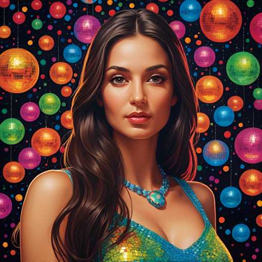 A woman with long, flowing brown hair and a vibrant blue sequined top is centrally positioned against a backdrop of colorful disco balls. The art style is digital painting, with a focus on detailed textures and vibrant, retro-inspired colors. The spatial relationship places the woman as the focal point, with the disco balls creating a dynamic and festive environment.