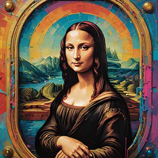 This digitally-enhanced artwork reimagines Leonardo da Vinci's Mona Lisa within a vibrant, mosaic-style frame. The portrait features the iconic subject with a serene expression, her gaze directed slightly upward. The spatial relationship is traditional, yet the mosaic style adds a modern, textured feel to the classic Renaissance masterpiece.
