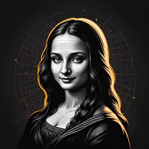 This digital artwork reimagines Leonardo da Vinci's Mona Lisa in a modern, stylized format. The subject is a woman with long, flowing dark hair and a subtle smile, rendered in a grid-like, pixelated style with a warm yellow glow. The composition is a close-up portrait, emphasizing the woman's face and her enigmatic gaze, set against a dark background with a grid overlay.