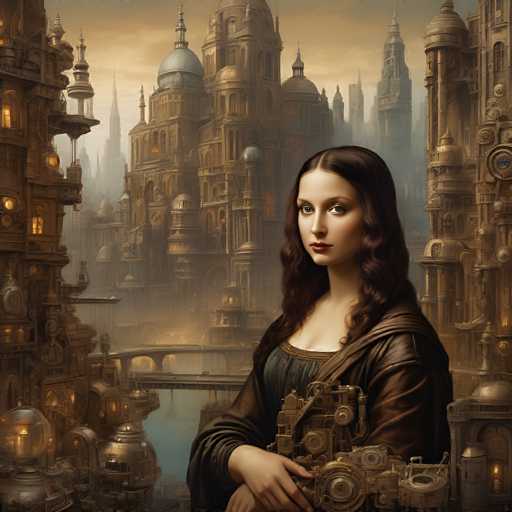 A woman with dark, curly hair and a serious expression stands in the foreground, holding intricate mechanical devices. Behind her, a sprawling, steampunk-inspired cityscape fills the background with towering, ornate structures and a bridge spanning a canal. The art style is highly detailed and atmospheric, emphasizing intricate mechanical elements and a muted, warm color palette.