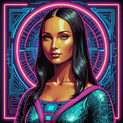 The image features a woman with long, dark hair and striking eyes, rendered in a vibrant neon cyberpunk style. She's wearing a futuristic, textured suit with glowing pink accents and is framed by a neon-lit circular design. The focus is on her face, with a digital aesthetic emphasizing sharp lines and glowing light sources.