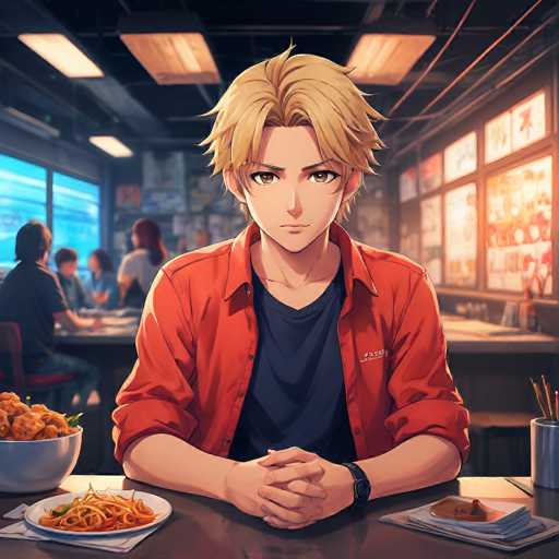 A young, stylishly dressed anime-style character with blonde hair sits at a table in a brightly lit ramen shop, holding chopsticks. A bowl of ramen and a plate of pasta are on the table in front of him, with other dishes visible in the background. The overall style is detailed and vibrant, emphasizing a cozy, modern atmosphere.
