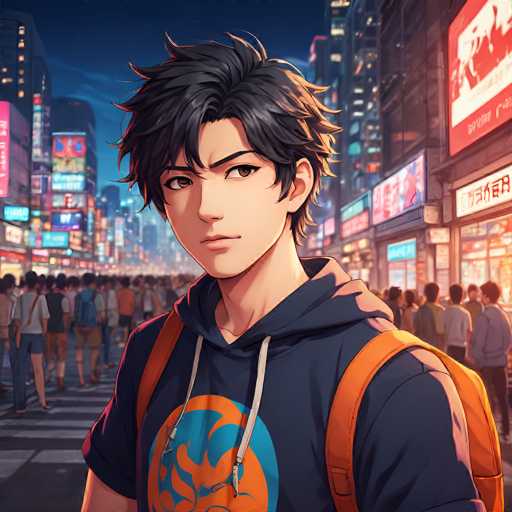 A young, stylishly dressed anime-style character with dark hair and a thoughtful expression stands in a bustling, neon-lit city street. He wears a blue hoodie with a vibrant orange graphic and an orange backpack, looking directly at the viewer. The background features blurred pedestrians and bright, colorful signs, creating a vibrant urban atmosphere.