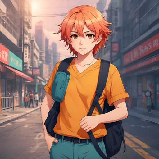 A young, anime-style character with vibrant orange hair and a backpack stands confidently on a bustling city street. The focus is on the character, with a warm, slightly hazy lighting emphasizing the urban setting of shops and blurred pedestrians in the background. The art style is detailed and illustrative, typical of modern anime.