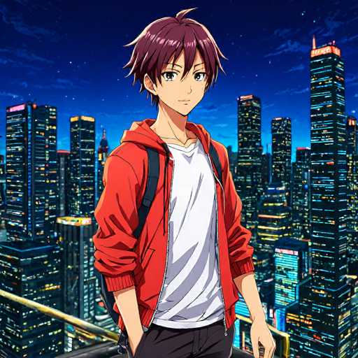 A young anime-style character with reddish-brown spiky hair and a confident smile stands in the foreground, wearing a red hoodie over a white t-shirt and dark pants. He's positioned on a rooftop overlooking a vibrant, brightly lit cityscape at night. The art style is detailed and colorful, typical of anime illustrations.