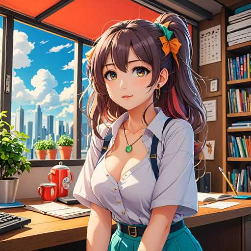 A young anime girl with brown hair and large eyes sits at a wooden desk, working in a bright, cozy office. She wears a light purple shirt and teal skirt, with a green pendant necklace. A window behind her offers a view of a cityscape under a blue sky, while potted plants and books fill the space. The art style is detailed and vibrant, typical of anime illustrations.