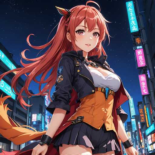 A vibrant anime girl with long, fiery red hair and a stylish outfit stands confidently amidst a bustling neon-lit city street at night. The focus is on her detailed character design, with a dynamic pose and expressive eyes, set against a backdrop of glowing signs and city lights. The art style is distinctly anime, emphasizing vibrant colors and sharp lines.