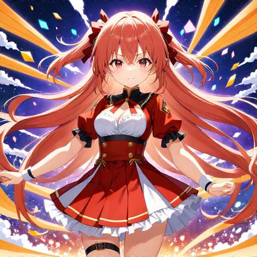 A vibrant anime girl with long, flowing red hair and a cheerful expression is the central focus. She's dressed in a red and white uniform with a black collar, radiating a bright, energetic aura. The background features dynamic streaks of light and sparkling effects, emphasizing her lively presence.