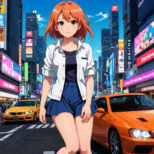 A vibrant anime-style illustration depicts a young woman with orange hair standing confidently on a bustling city street. She's surrounded by bright neon signs and two cars, one yellow and one orange, creating a dynamic urban scene. The focus is on the woman, with a detailed background emphasizing the energetic city atmosphere.