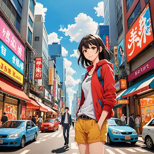 A vibrant, anime-style illustration depicts a bustling city street in Japan. A young woman with short black hair stands confidently in the center, flanked by a man and cars. Bright neon signs adorn the buildings, creating a lively urban atmosphere under a bright blue sky with fluffy clouds. The scene is full of detail and dynamic perspective, characteristic of anime art.