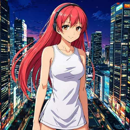 A vibrant anime girl with long, flowing red hair and headphones stands confidently in a bustling city at night. She's wearing a white tank top, set against a backdrop of towering, brightly lit skyscrapers and a dark, starry sky. The art style is detailed and colorful, emphasizing dynamic lines and vibrant lighting.