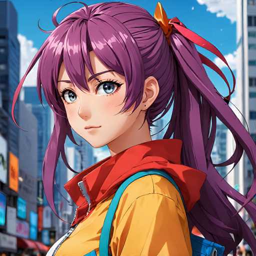 A young anime girl with vibrant purple hair and blue eyes is the central focus, wearing a yellow jacket with a red hood. She's positioned in a bustling city street, looking over her shoulder with a gentle expression. The art style is detailed and colorful, typical of modern anime illustrations.
