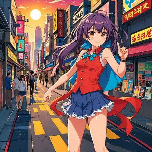 A vibrant anime girl with purple hair and a cheerful expression stands confidently on a bustling city street. She's surrounded by colorful, neon-lit shops and people, with a bright sunset casting a warm glow. The art style is detailed and dynamic, emphasizing depth and energy with bold lines and vibrant colors.