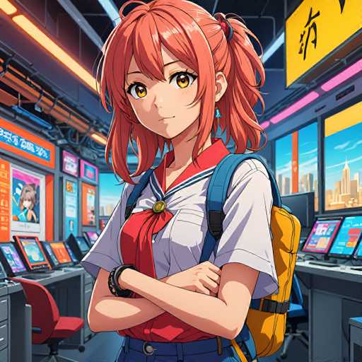 A young anime girl with vibrant red hair and a confident smile stands in a bustling, futuristic arcade. She's wearing a school uniform with a red sailor collar and backpack, standing in front of multiple monitors displaying game screens. The art style is detailed and colorful, typical of modern anime illustrations.