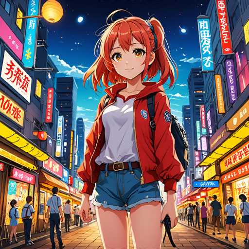 A vibrant anime girl with bright orange hair and a red jacket stands in a bustling, neon-lit Tokyo street. The scene is filled with colorful storefronts and people, rendered in a detailed, slightly stylized digital art style. The focus is on the girl's confident pose and the lively urban atmosphere, with a warm, nighttime ambiance.