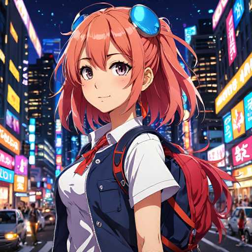 A vibrant anime girl with bright pink hair and blue goggles stands confidently in a bustling, neon-lit Tokyo street. She's wearing a school uniform and backpack, looking directly at the viewer with a slight smile. The background is filled with colorful, glowing signs and blurred city lights, creating a dynamic urban atmosphere.