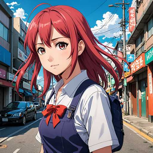 A young anime girl with vibrant red hair and a school uniform stands in the middle of a bustling city street. She's looking directly at the viewer with a gentle expression, set against a detailed urban backdrop of shops and cars. The art style is characteristic of anime, with sharp lines and bright colors.