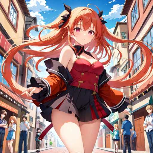 A vibrant anime girl with flowing orange hair dominates the frame, positioned in a bustling street scene. She's surrounded by other characters and buildings with a detailed, stylized aesthetic. The focus is on the girl's dynamic pose and expressive features, with a bright, sunny atmosphere.