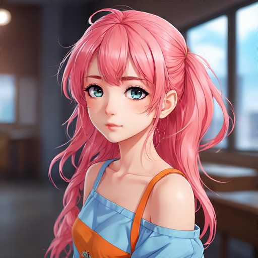 The image features a young anime girl with vibrant pink, voluminous hair styled in two high ponytails. She has large, expressive teal eyes and wears a light blue off-the-shoulder top with orange accents. The background is softly blurred, suggesting an indoor setting with a window providing natural light. The art style is detailed and painterly, emphasizing soft shading and delicate highlights.