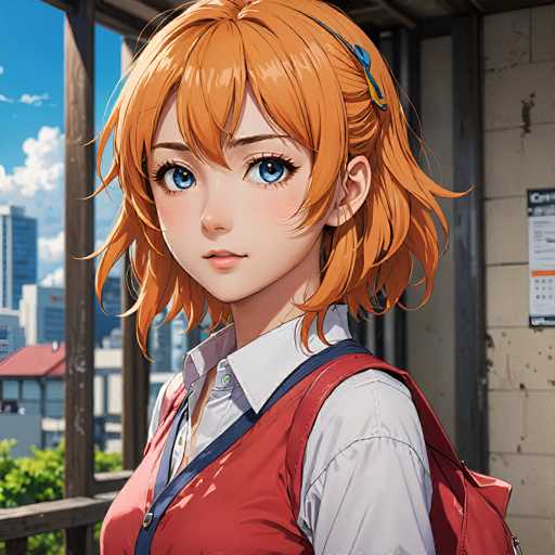 A young anime girl with vibrant orange, slightly tousled hair and striking blue eyes is the central focus. She wears a red vest over a white collared shirt, with a blue backpack slung over her shoulders. The background features a blurred cityscape under a bright sky, suggesting an outdoor setting on a balcony or porch. The art style is detailed and anime-inspired, with soft shading and expressive features.