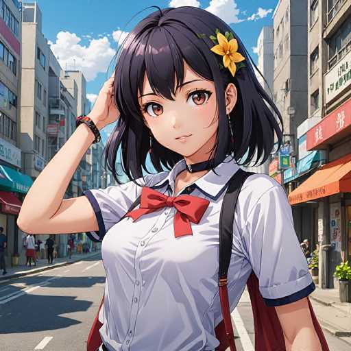 A young anime girl in a school uniform stands confidently on a bustling city street. She has dark, short hair with a yellow flower, and wears a red bow tie. The background features tall buildings and vibrant storefronts, rendered in a detailed, colorful anime style with soft lighting.