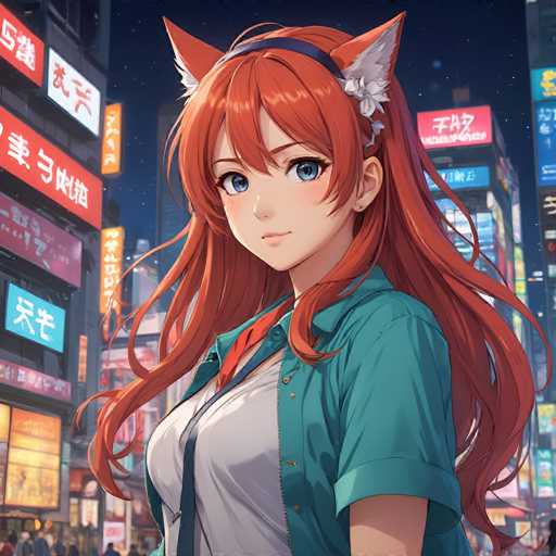 A vibrant anime-style illustration features a young woman with long, fiery red hair and cat ears, wearing a teal shirt. She's positioned in front of a bustling, neon-lit city street with bright signs. The focus is on her face, drawing the viewer into a detailed, colorful scene.