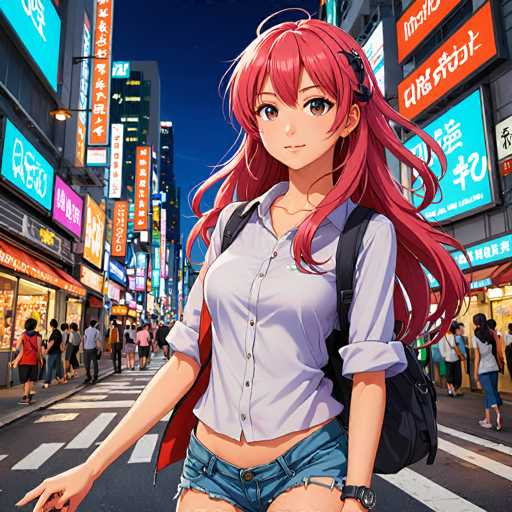 A vibrant anime-style illustration depicts a young woman with bright pink hair standing on a bustling city street at night. She's wearing a light blue shirt, denim shorts, and carrying a backpack, with neon signs illuminating the background. The focus is on her confident pose and expressive eyes, set against a busy urban environment.