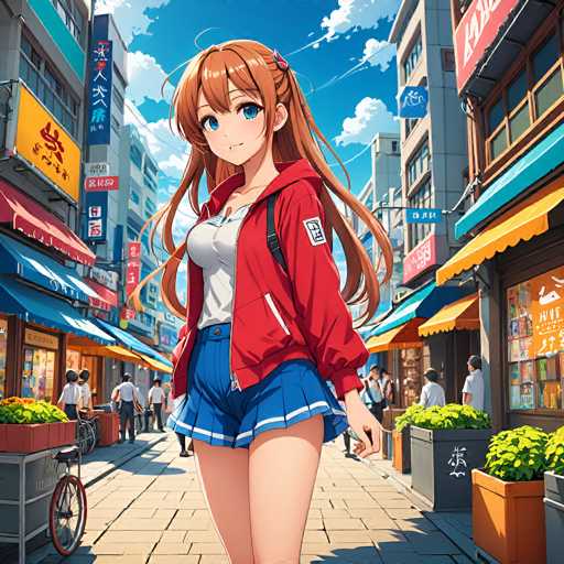A vibrant anime-style illustration depicts a young woman with long, flowing brown hair and bright blue eyes walking down a bustling, colorful street. The scene is filled with detailed storefronts, vibrant signage in Japanese script, and people browsing shops, all rendered in a bright, detailed digital art style.