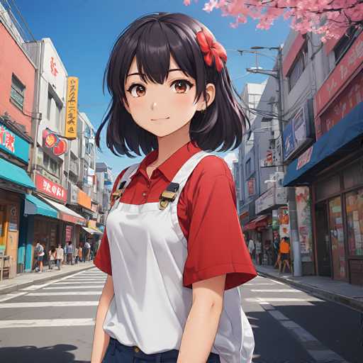 A young anime girl with dark bobbed hair and a red bow stands confidently in the center of a vibrant, bustling Japanese street. She's wearing a red shirt and white apron, looking directly at the viewer with a gentle smile. The background features colorful storefronts and pedestrians, rendered in a detailed, anime-inspired style with bright colors and soft lighting.