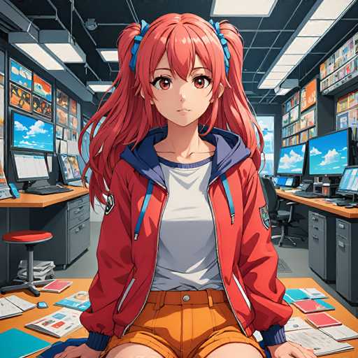 A young anime girl with vibrant pink hair and blue accents sits in a bustling, brightly lit office. She's surrounded by computer monitors displaying various digital content and stacks of papers, suggesting a creative workspace. The art style is detailed and anime-inspired, with a focus on vibrant colors and expressive character design.