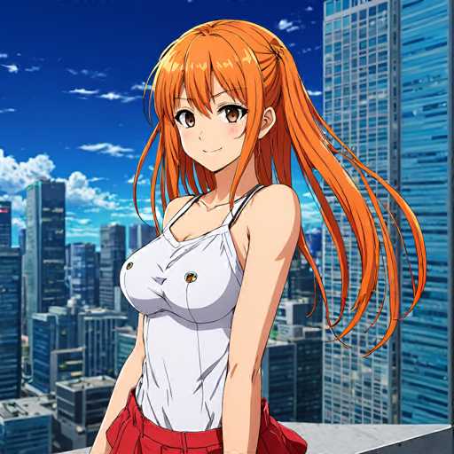 The image features a young anime girl with vibrant orange hair, wearing a white tank top and red shorts, posing against a backdrop of a modern cityscape. She's positioned in the foreground, looking confidently towards the viewer with a gentle smile. The art style is typical of anime, characterized by detailed hair and expressive eyes.