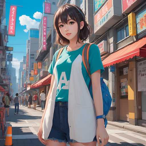 A young anime girl with brown bobbed hair stands confidently on a bustling city street, wearing a teal t-shirt, white denim jacket, and denim shorts. She's positioned in the foreground, looking directly at the viewer, with a blue backpack slung over her shoulder. The background features vibrant, colorful storefronts and people walking on a sunny day, rendered in a detailed, anime-inspired digital art style.