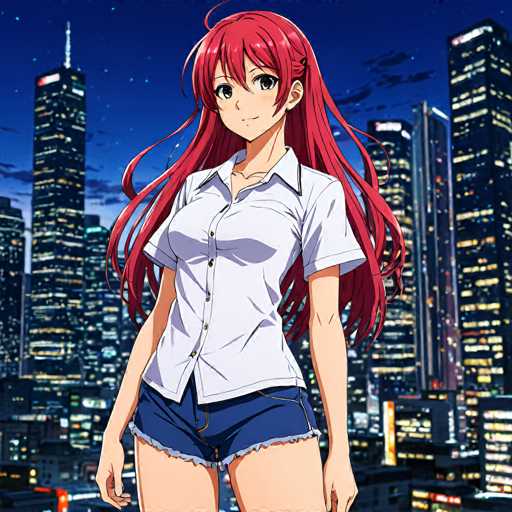 The image features a young anime girl with long, vibrant red hair and a confident smile, standing in front of a blurred cityscape at night. She's wearing a white collared shirt and denim shorts, set against a backdrop of brightly lit skyscrapers. The art style is typical of anime, with detailed hair and expressive eyes.