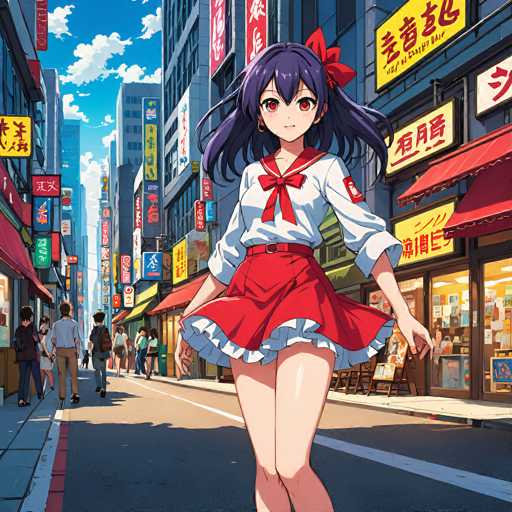 A vibrant anime girl with purple hair and a red sailor uniform confidently walks down a bustling city street lined with colorful storefronts. The scene is rendered in a detailed, anime-style illustration with bright colors and dynamic perspective, emphasizing the character's forward motion.