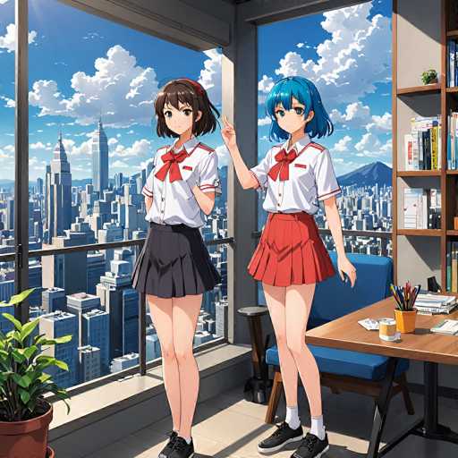 Two anime-style girls in school uniforms stand on a balcony overlooking a vibrant cityscape. They are positioned close together, one playfully touching the other's shoulder, while a desk and bookshelf complete the indoor setting. The art style is detailed and colorful, emphasizing a bright, sunny atmosphere with a clear view of the city.