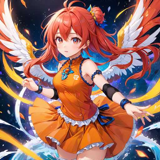 A vibrant anime-style illustration features a young, red-haired girl with large, glowing orange wings and a determined expression. She's clad in an orange outfit with blue accents, surrounded by swirling blue and yellow energy effects. The focus is on her dynamic pose, with hands outstretched as if in motion.