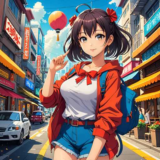 A vibrant, anime-style illustration depicts a young woman in a bustling city street. She's positioned in the foreground, looking towards the viewer with a playful expression, while a red lantern floats above. The scene showcases a detailed urban environment with colorful storefronts and cars, emphasizing a lively, modern aesthetic.